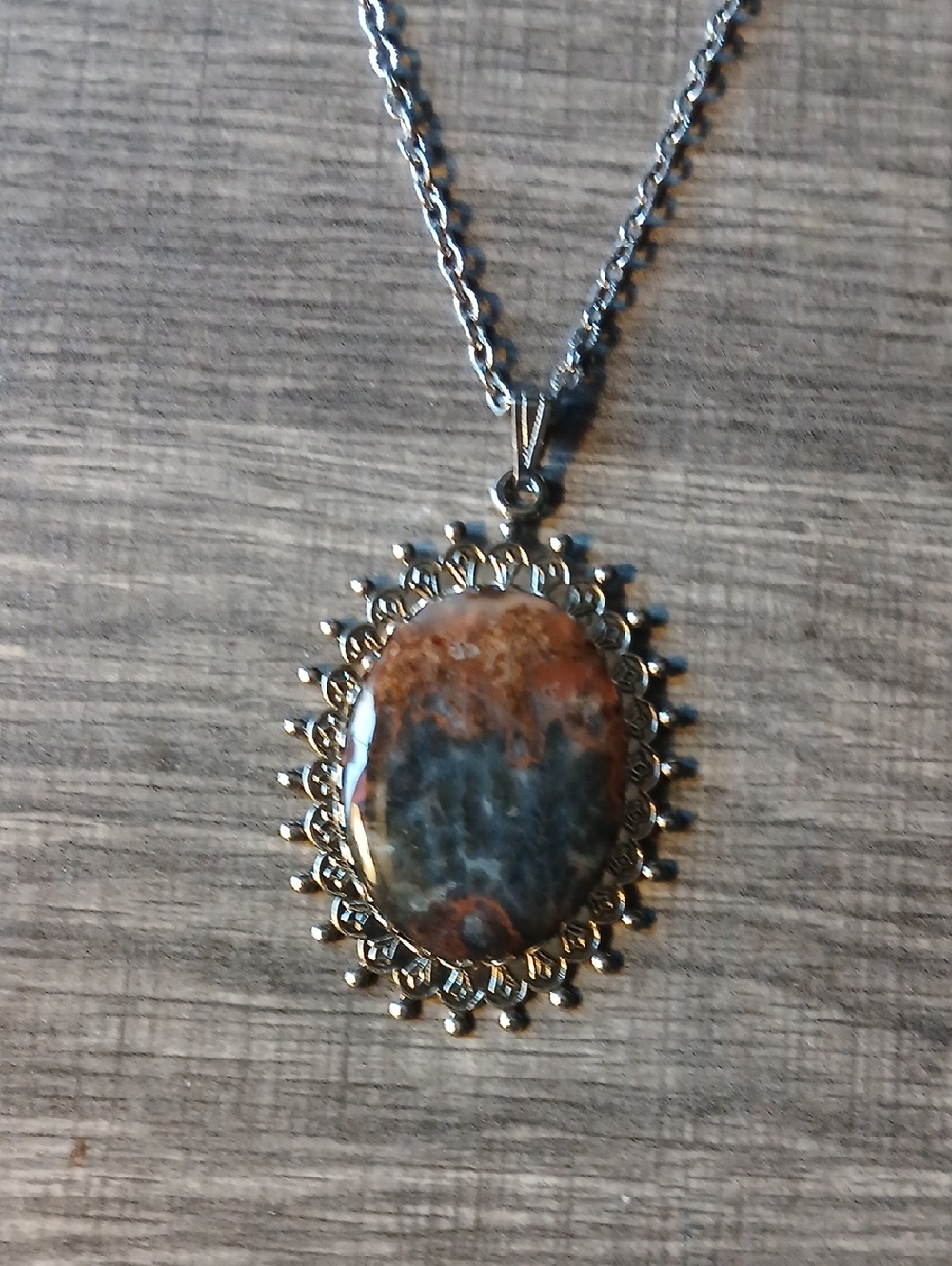 Oval Jasper Pendant Necklace in Brown and Gray - Unbranded